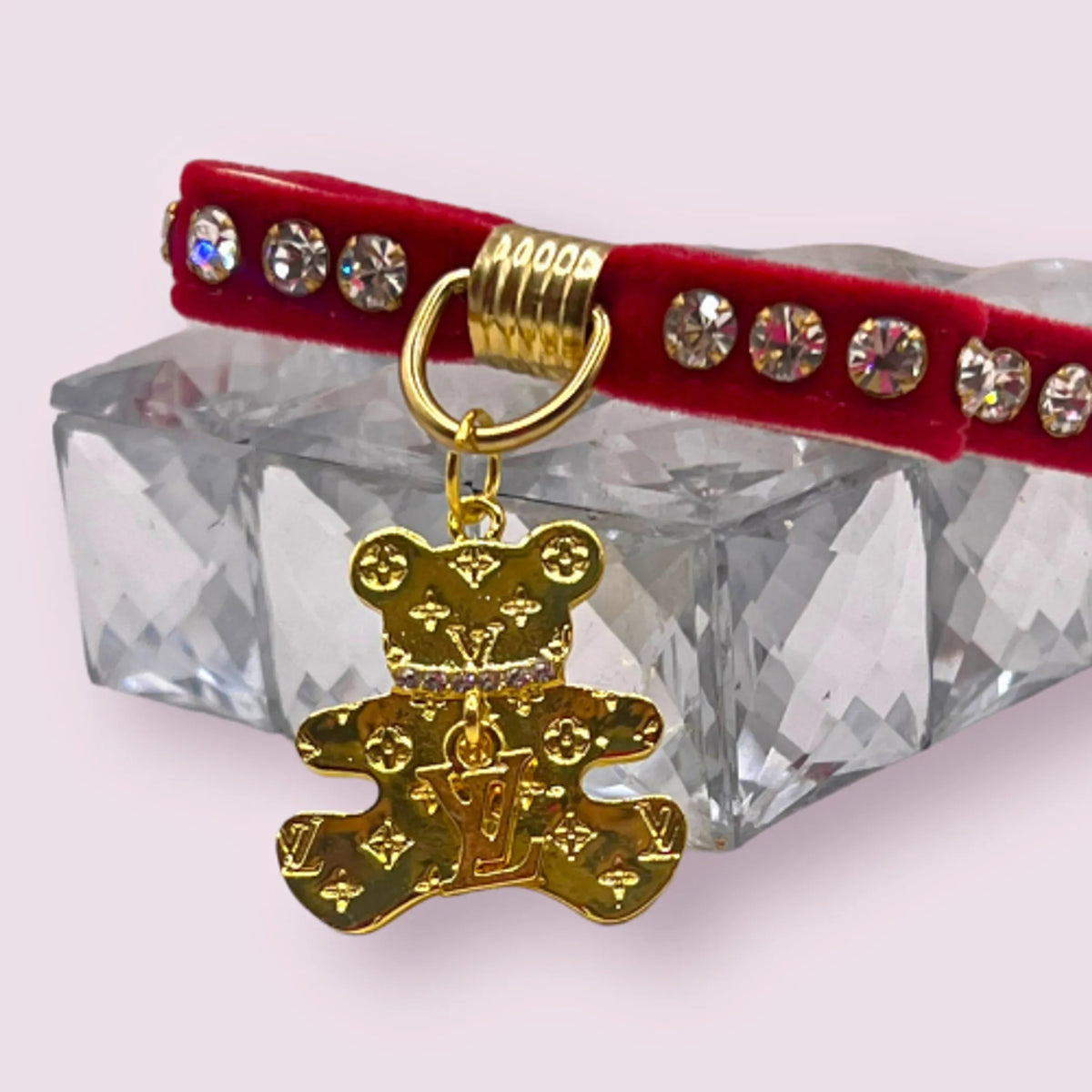Velvet Bow Bear Charm Dog Collar – Crystal Studded Boutique Style