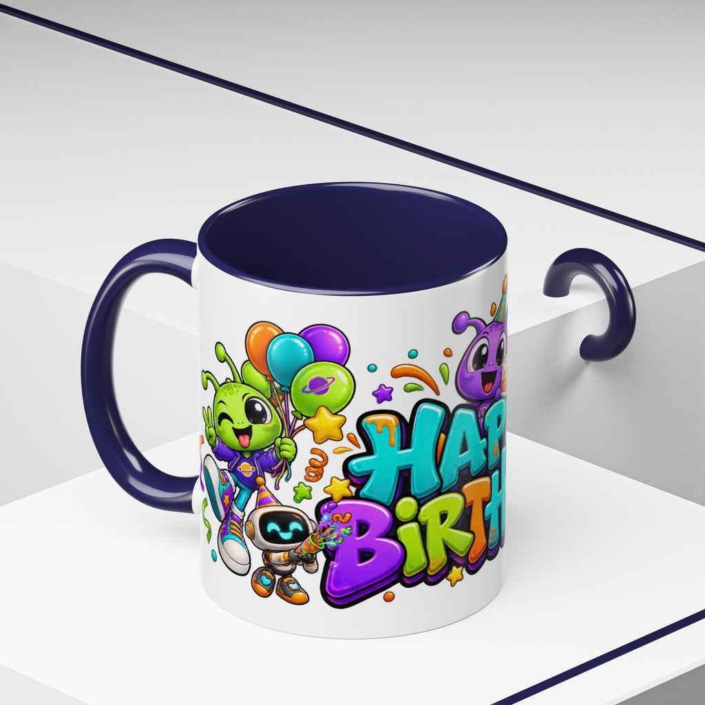 Happy Birthday Alien Mug – Colorful Space Party Cup with Cute Aliens & Robots