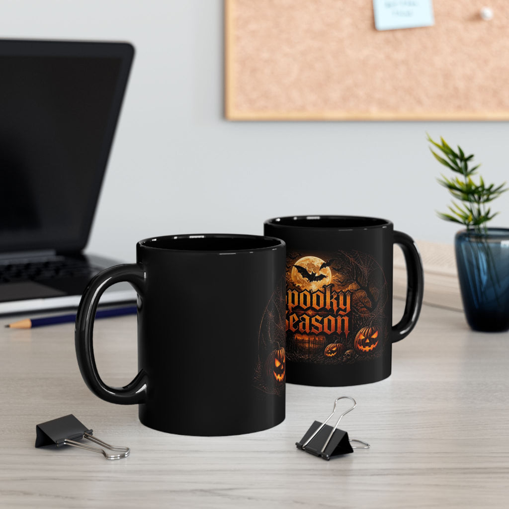 Spooky Season Black Mug – Halloween Pumpkin & Bat Coffee Cup (11oz/15oz)