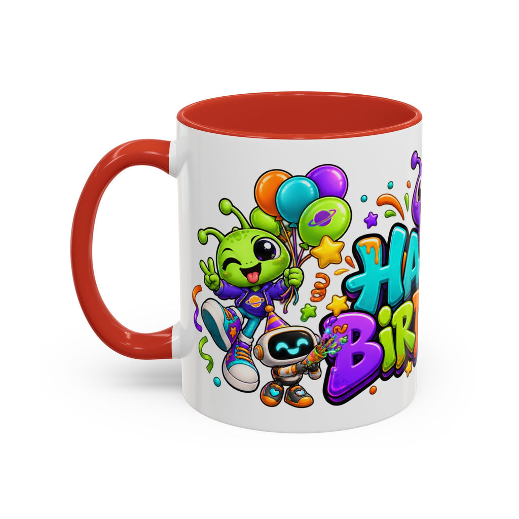 Happy Birthday Alien Mug – Colorful Space Party Cup with Cute Aliens & Robots