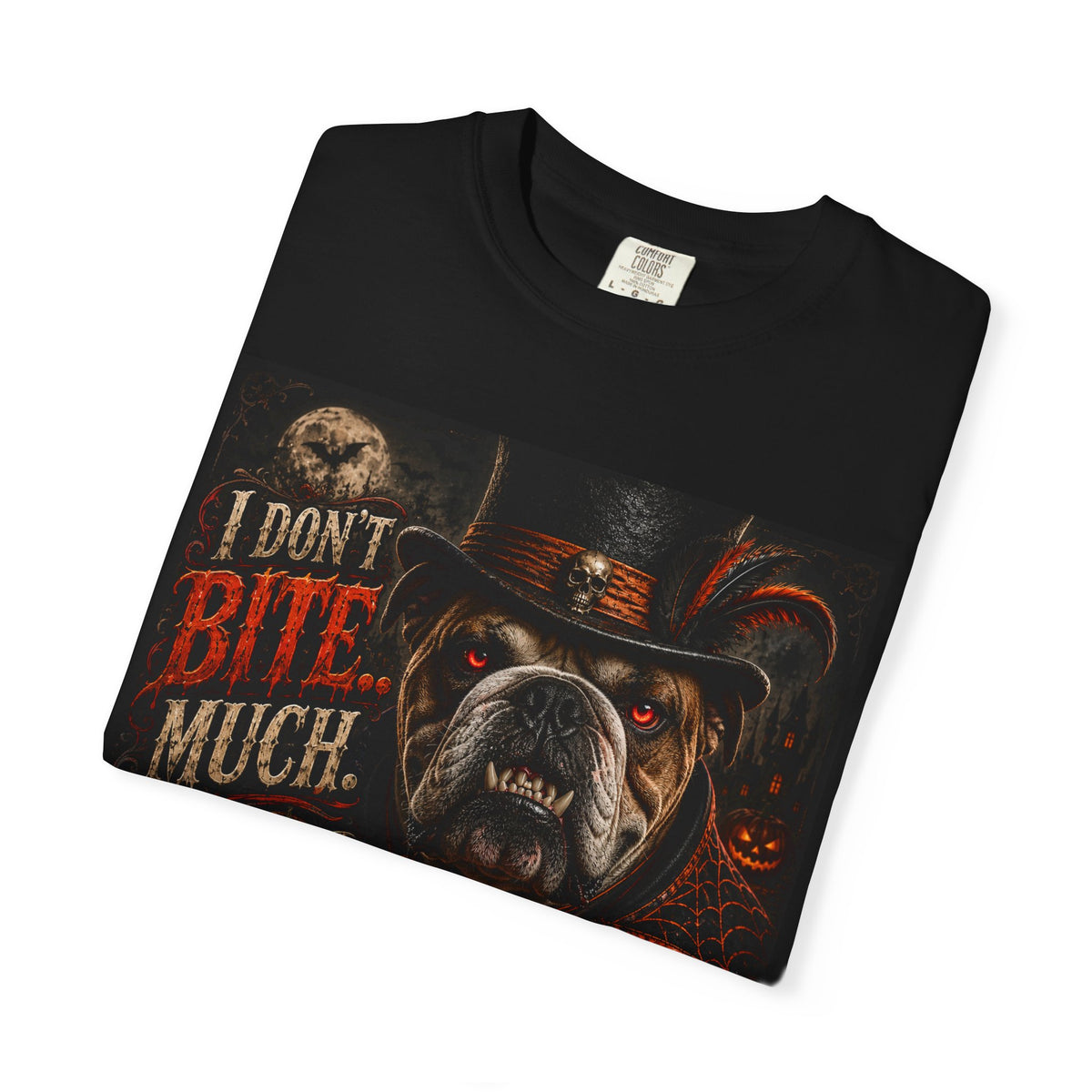 Halloween Bulldog T-Shirt — "I Don’t Bite Much… I Prefer Treats!" Graphic Tee