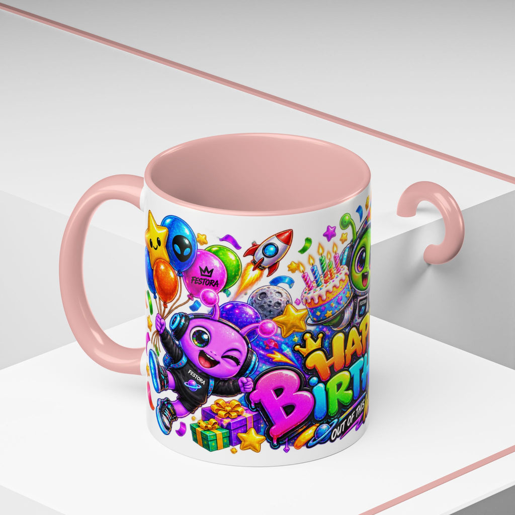 Happy Birthday Out of This World Accent Mug — Cute Alien Space Birthday Coffee Cup (11oz)