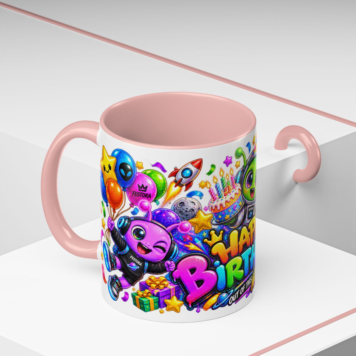 Happy Birthday Out of This World Accent Mug — Cute Alien Space Birthday Coffee Cup (11oz)