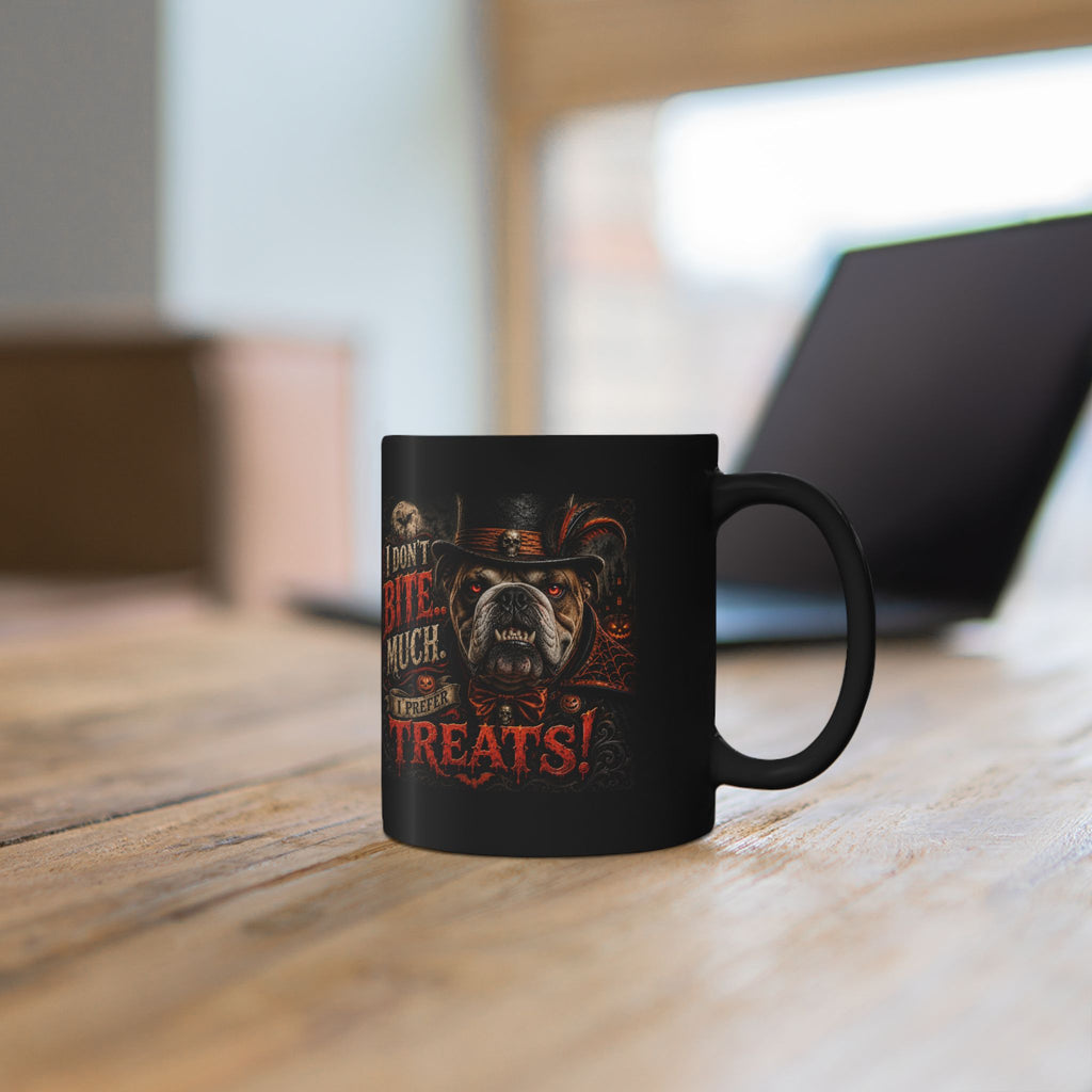 Halloween Bulldog Mug — "I Don't Bite Much. I Prefer Treats!" Black Coffee Cup