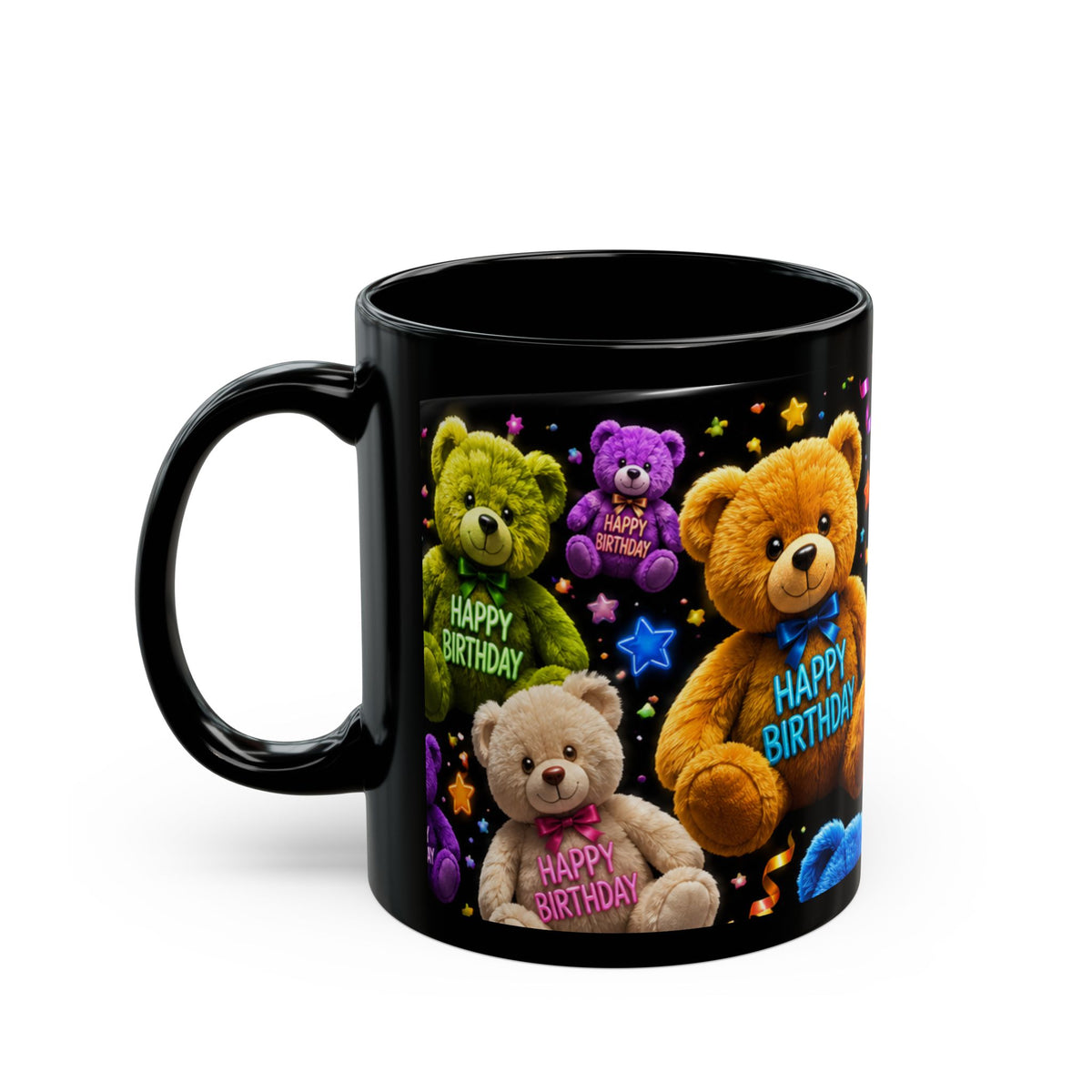 Happy Birthday Teddy Bear Mug — Colorful Black Birthday Coffee Cup (11oz/15oz)