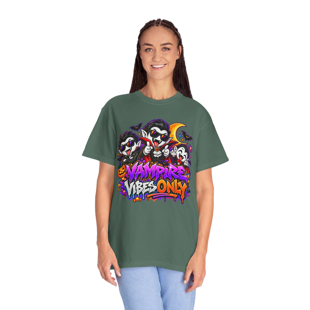 Neon Vampire Vibes Halloween Unisex Garment-Dyed T-Shirt Featuring a Cool Festora Vampire Crew