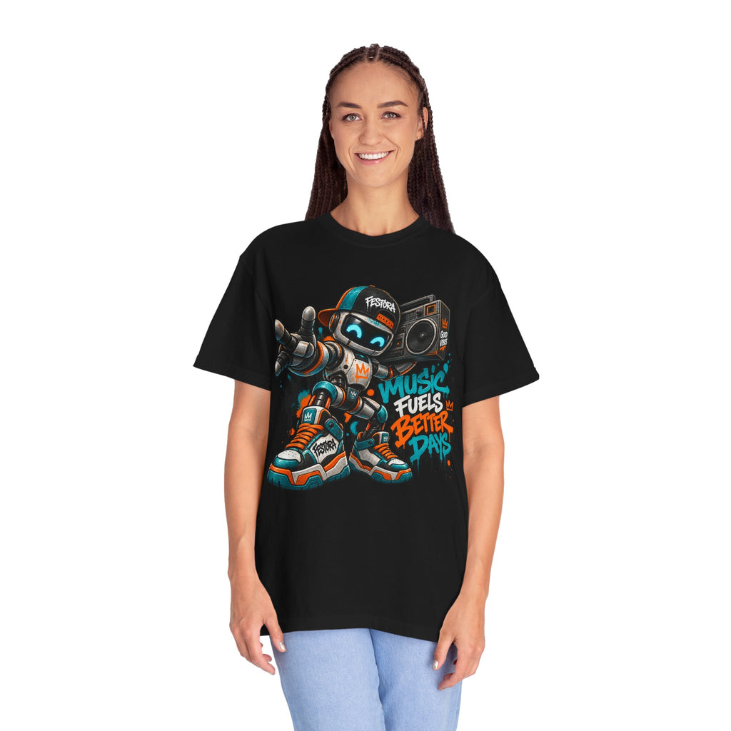 Music Fuels Better Days T-Shirt — Retro Robot Boombox Streetwear