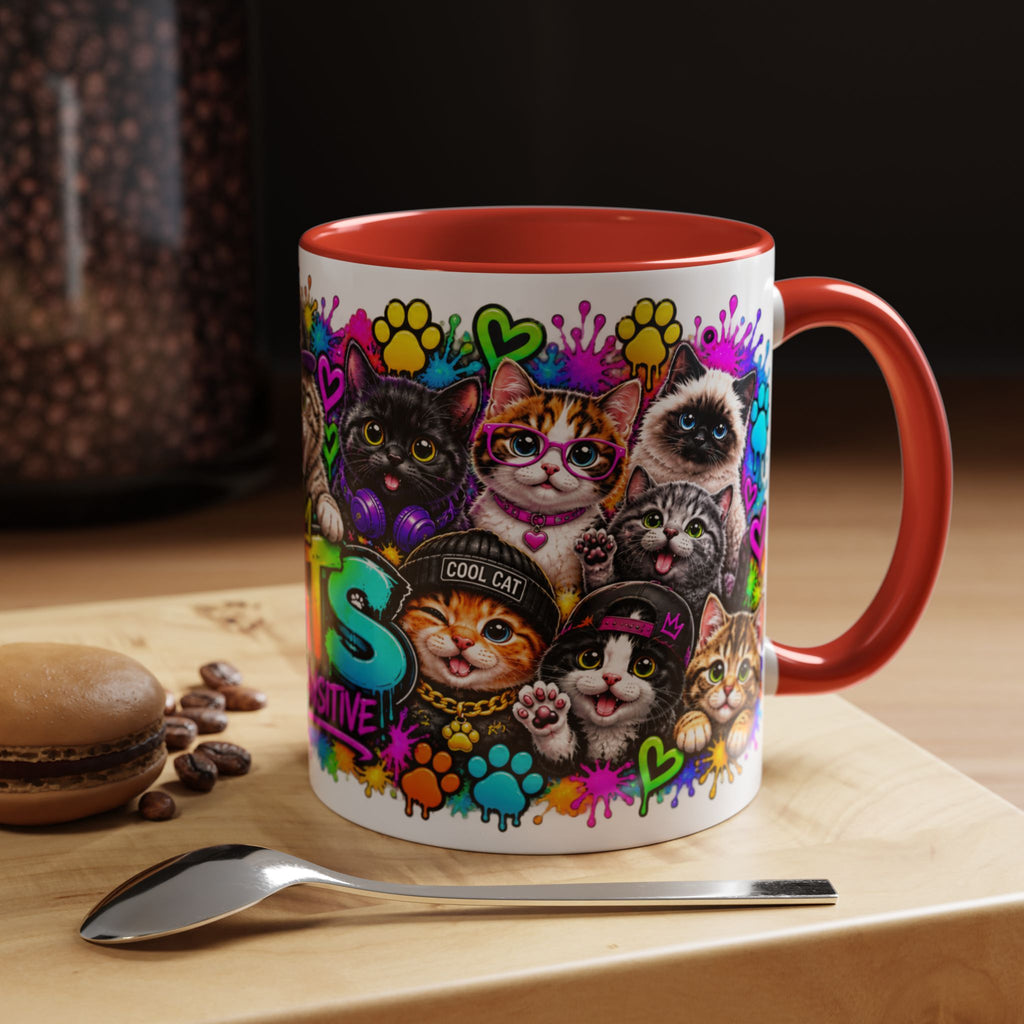 Cats Stay Pawsitive Accent Coffee Mug – Colorful Cute Cat Paw Print Design (11oz)