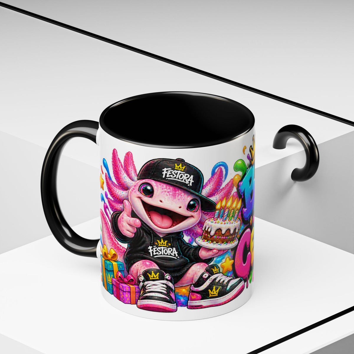 BORN TO CELEBRATE! White Ceramic Mug – Cute Axolotl Birthday Coffee Cup – Colorful Party Gift – Original FestoraShop Design