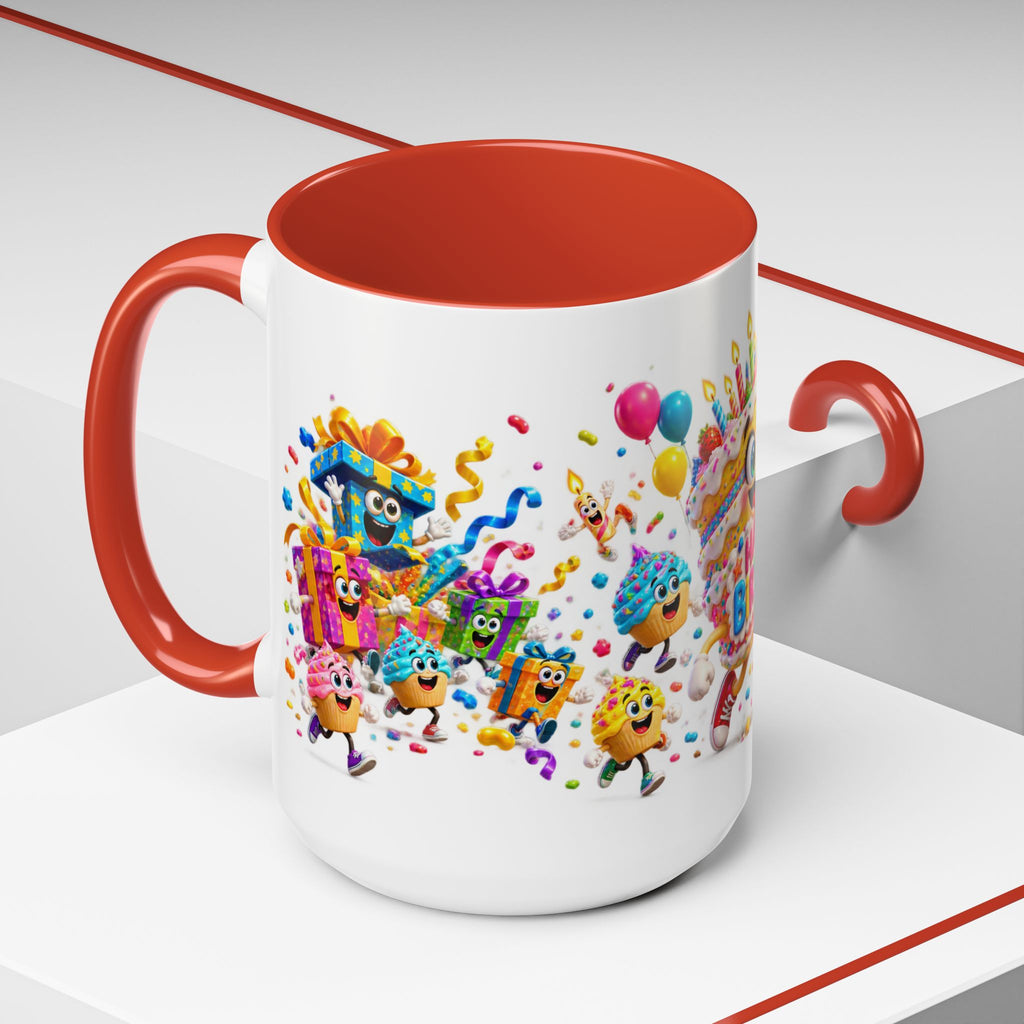 Birthday Party Coffee Mug – Colorful Happy Birthday Cake & Balloon Design (11/15oz Accent Mug)