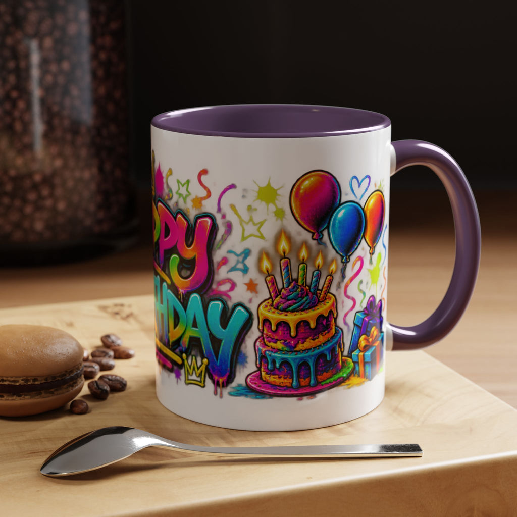 Happy Birthday Accent Coffee Mug – Colorful Graffiti Cake & Balloons (11/15oz)
