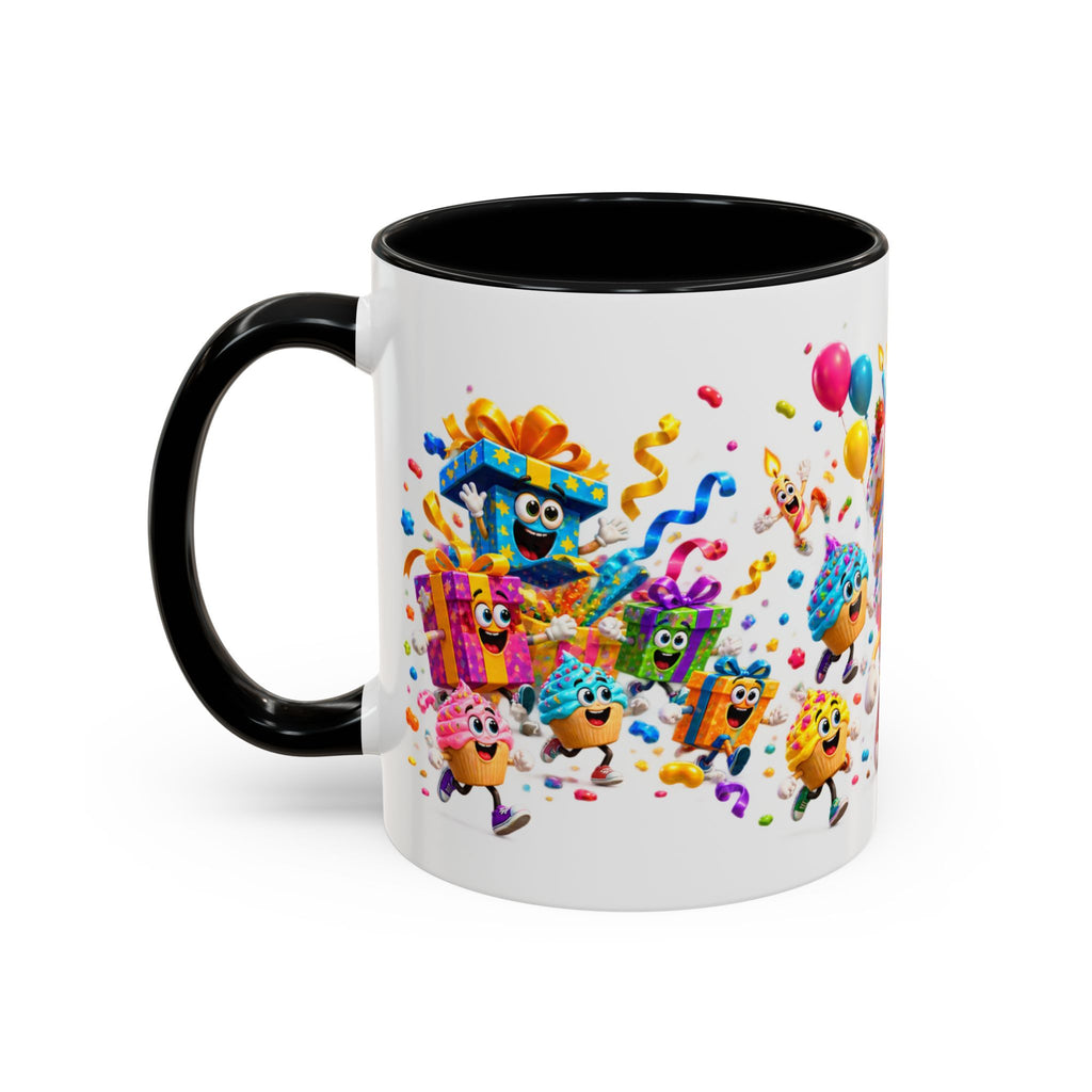 Birthday Party Coffee Mug – Colorful Happy Birthday Cake & Balloon Design (11/15oz Accent Mug)