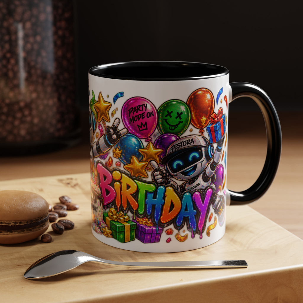 Birthday Robot Coffee Mug — Colorful Happy Birthday Accent Mug (11oz)