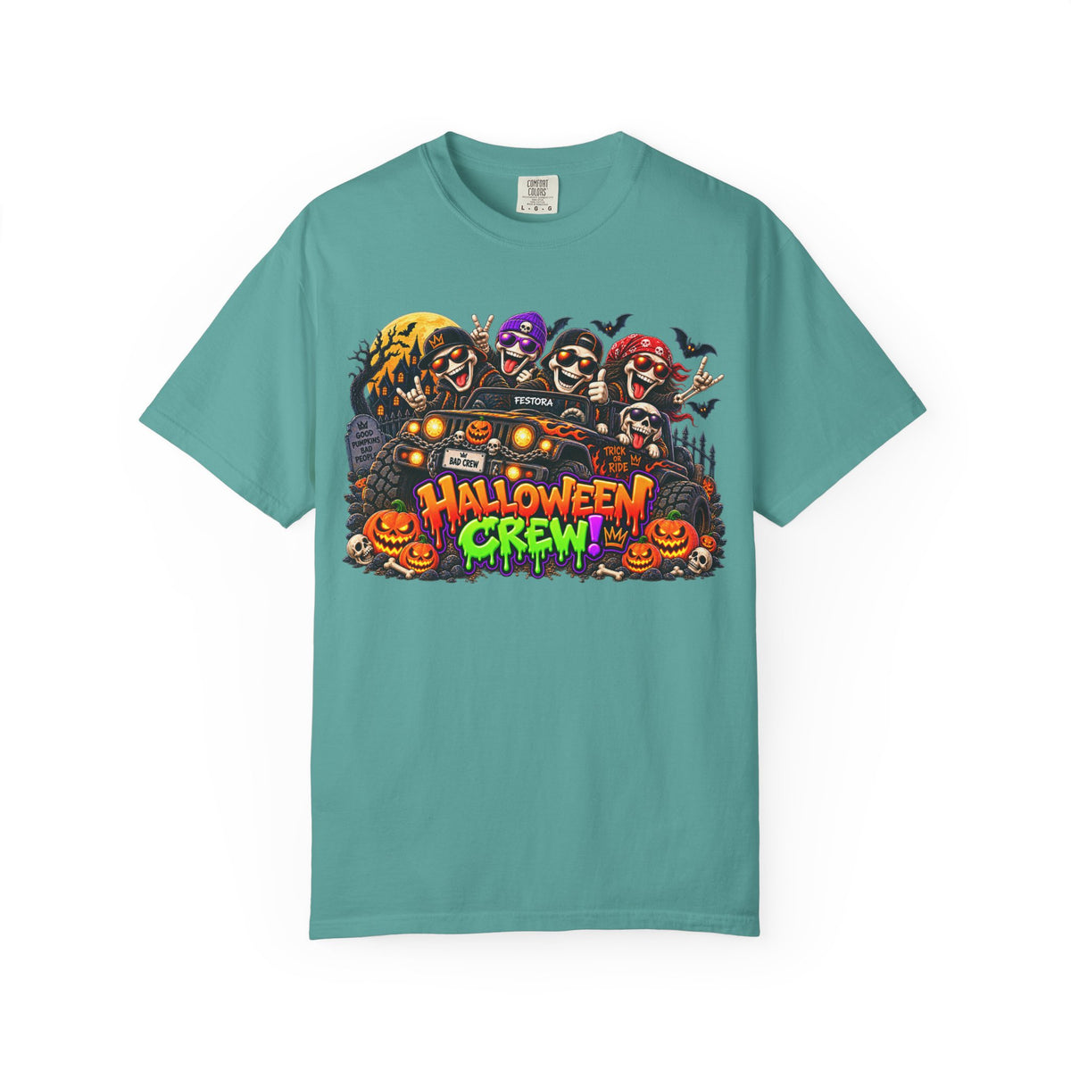 Halloween Crew T-Shirt – Skeleton Jeep Spooky Graphic Tee