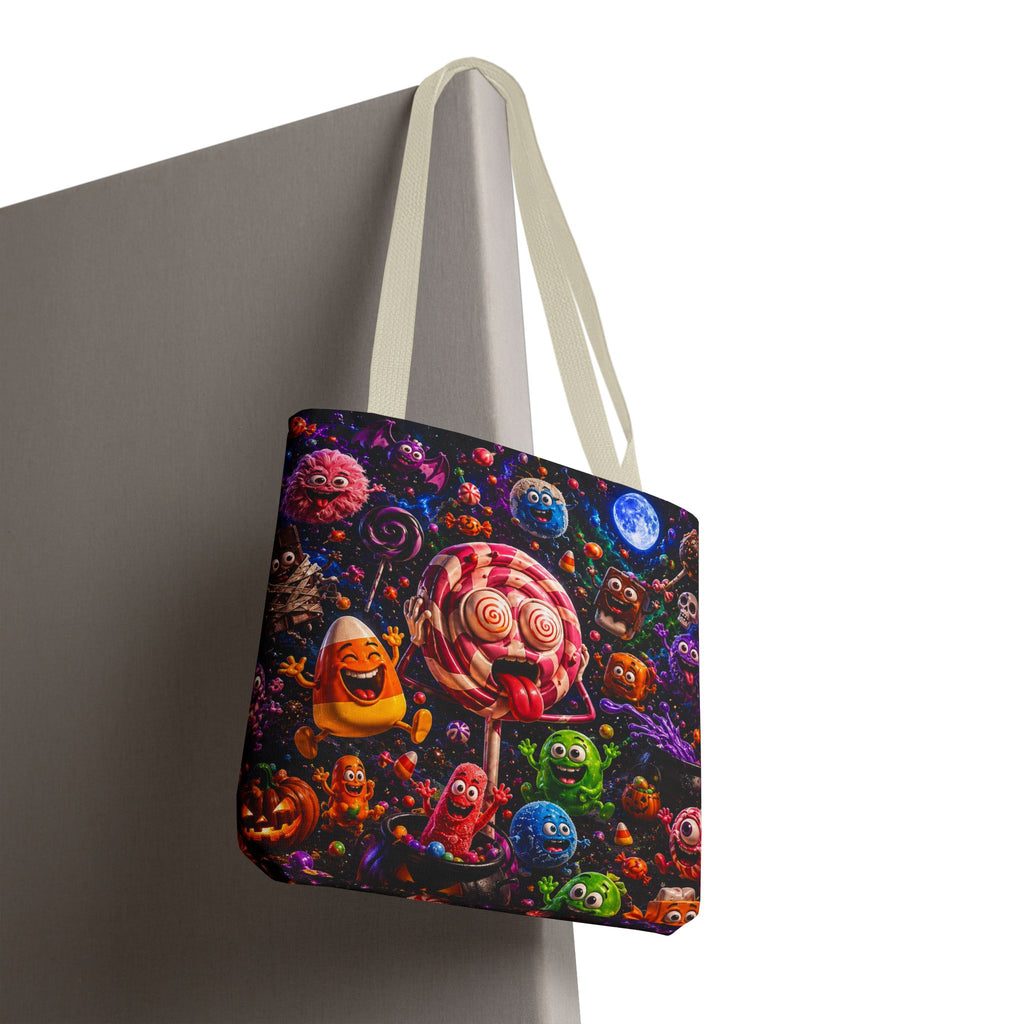 Crazy Halloween Candy Monsters Tote Bag — Colorful 3D Lolipop & Treats Design