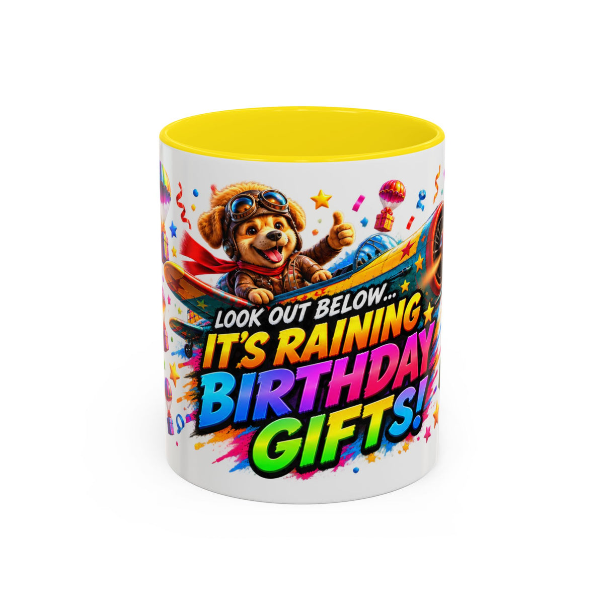 Birthday Gifts Coffee Mug — "It's Raining Birthday Gifts!" Colorful Accent Mug