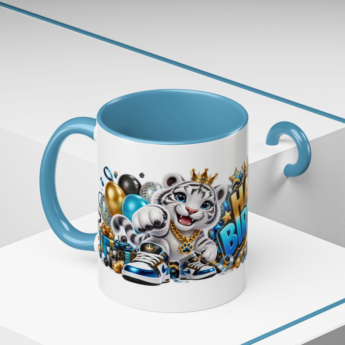 Happy Birthday White Tiger Mug – Colorful 3D Birthday Gift – White Coffee Mug