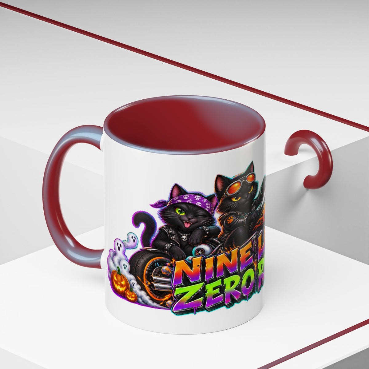 Nine Lives Zero Rules Biker Cats Halloween White Mug