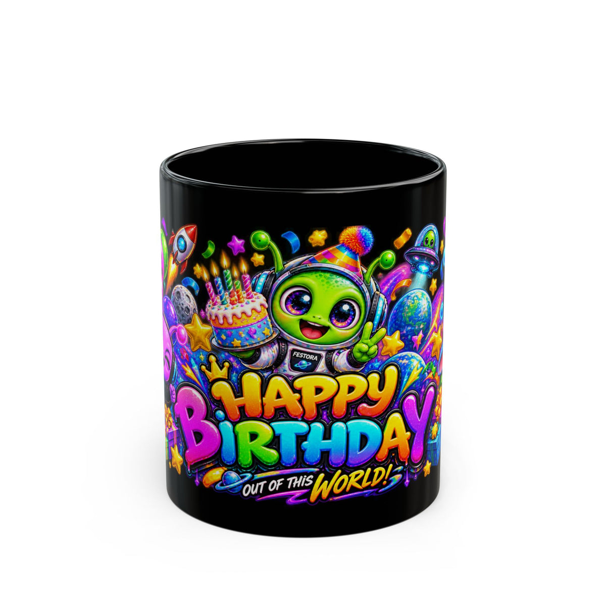 Happy Birthday Out Of This World Mug — Colorful Alien Birthday Coffee Cup