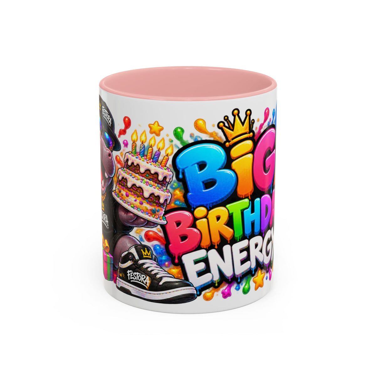 BIG BIRTHDAY ENERGY! White Ceramic Mug – Funny Hippo Birthday Coffee Cup – Colorful Party Gift – Original FestoraShop Design