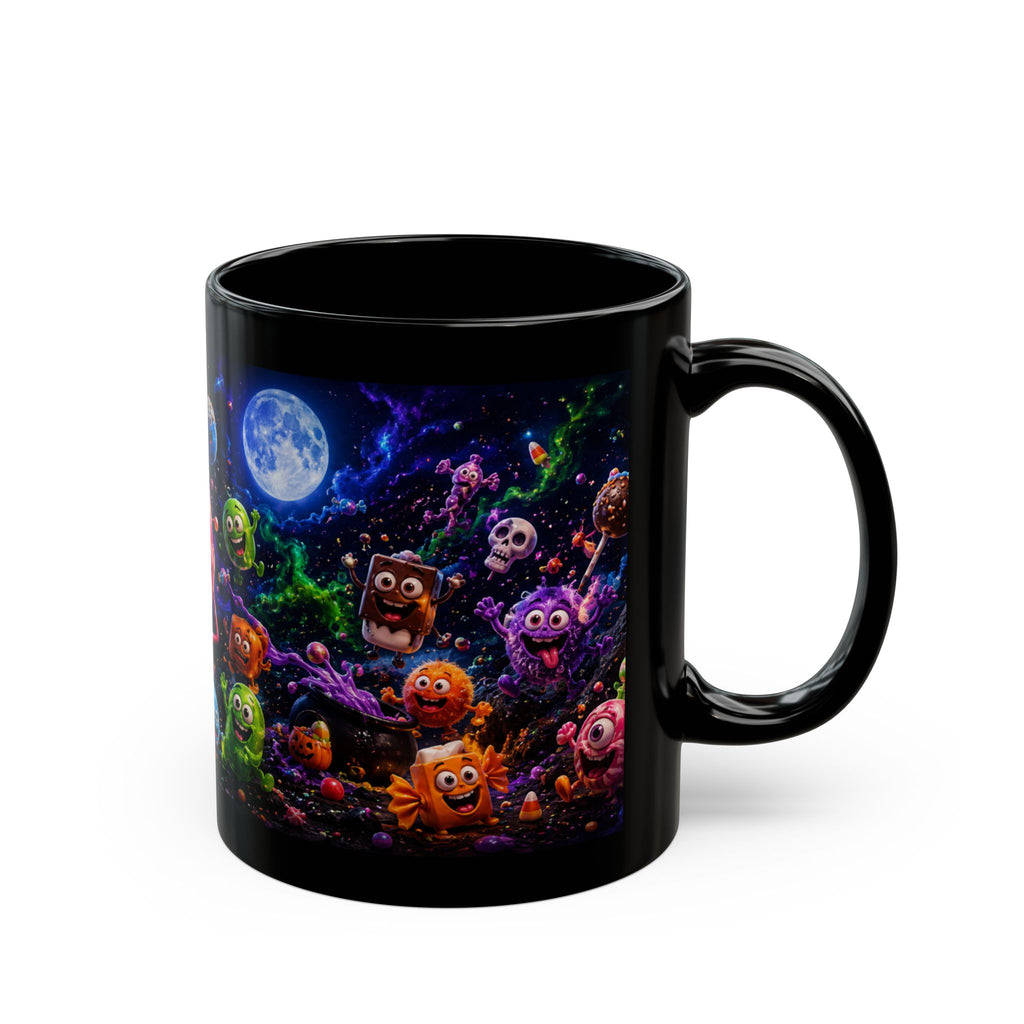 Spooky Candy Monsters Black Mug — Cute Moonlit Halloween Candy Moon Coffee Cup (11oz/15oz)