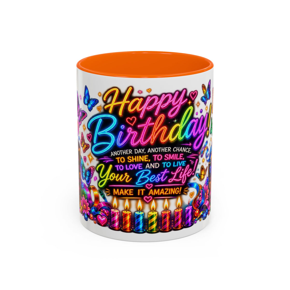 Birthday Coffee Mug – Colorful "Happy Birthday" Gift Mug with Butterflies & Candles