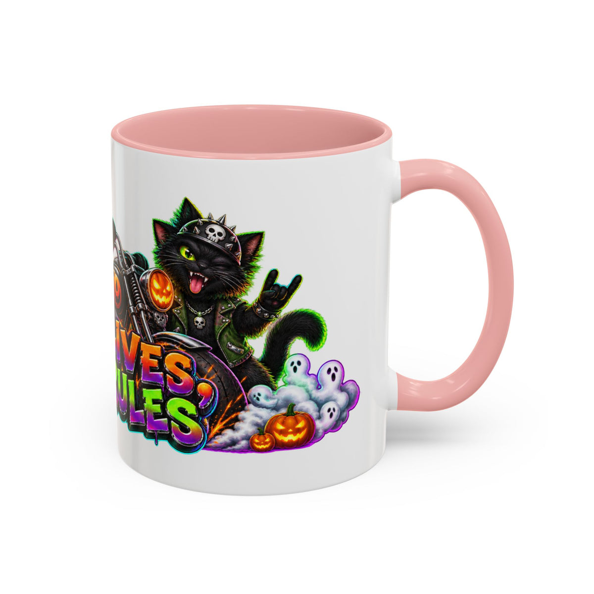 Nine Lives Zero Rules Biker Cats Halloween White Mug