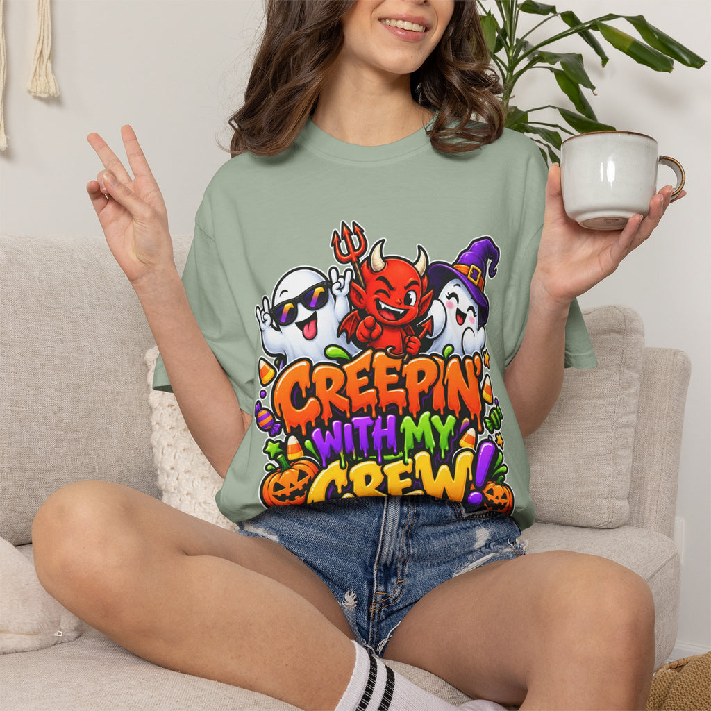 Creepin’ With My Crew Halloween T-Shirt – Colorful Funny Ghost & Devil Graphic Tee
