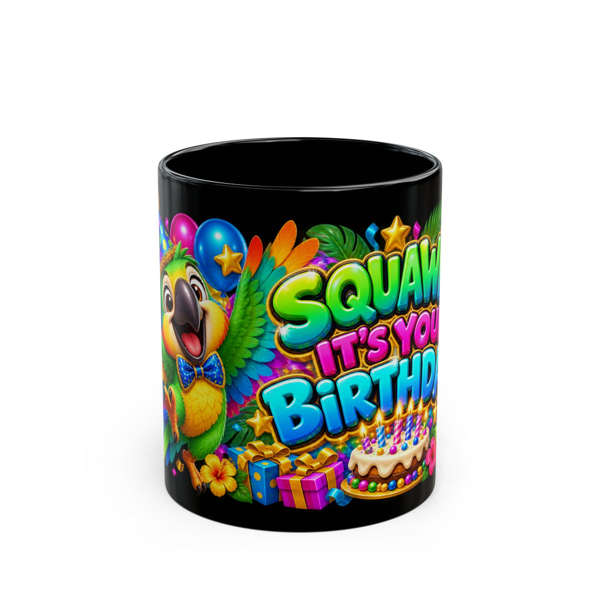 Squawk! It’s Your Birthday Black Mug – Colorful Parrot Birthday Cup, Fun Tropical Party Gift