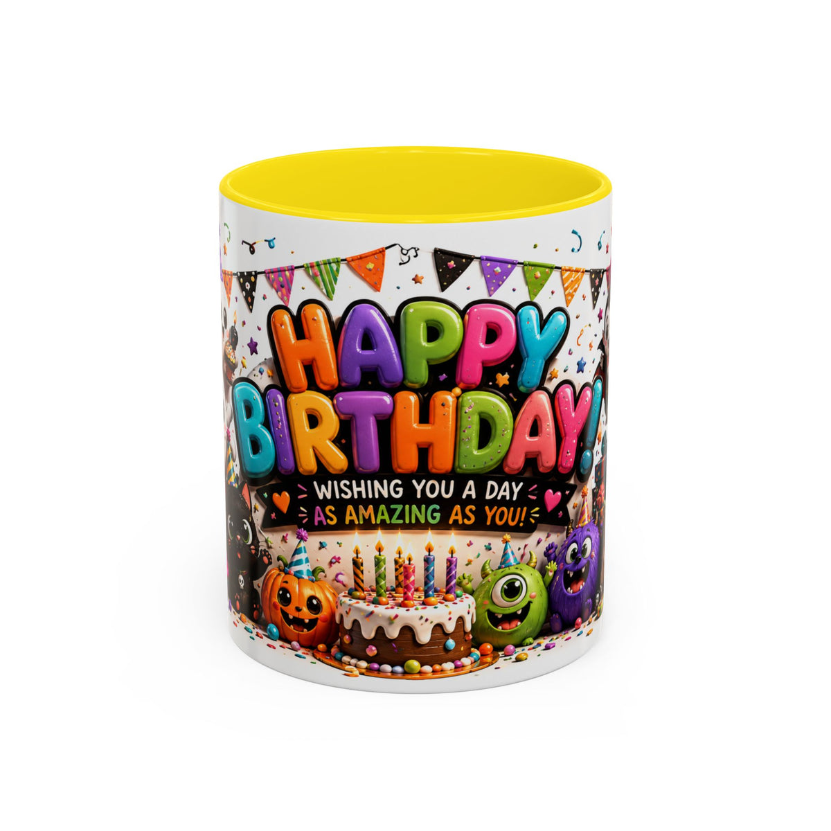 Happy Birthday Accent Coffee Mug — Colorful 3D Birthday Party Design (11/15oz)