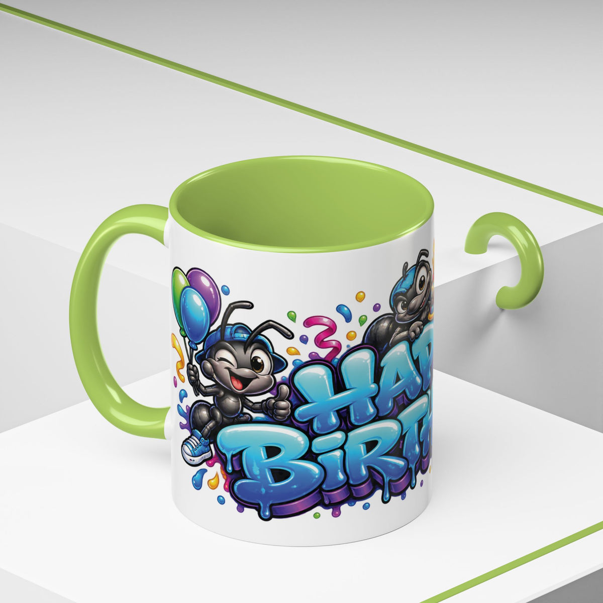 Happy Birthday Cartoon Mug – Graffiti Ants, Birthday Cake, Balloons & Confetti Coffee Cup