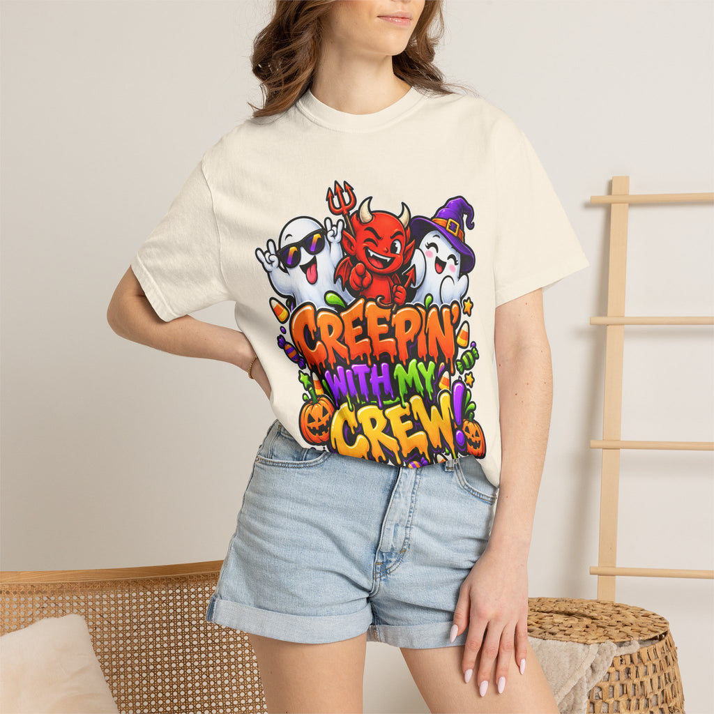 Creepin’ With My Crew Halloween T-Shirt – Colorful Funny Ghost & Devil Graphic Tee