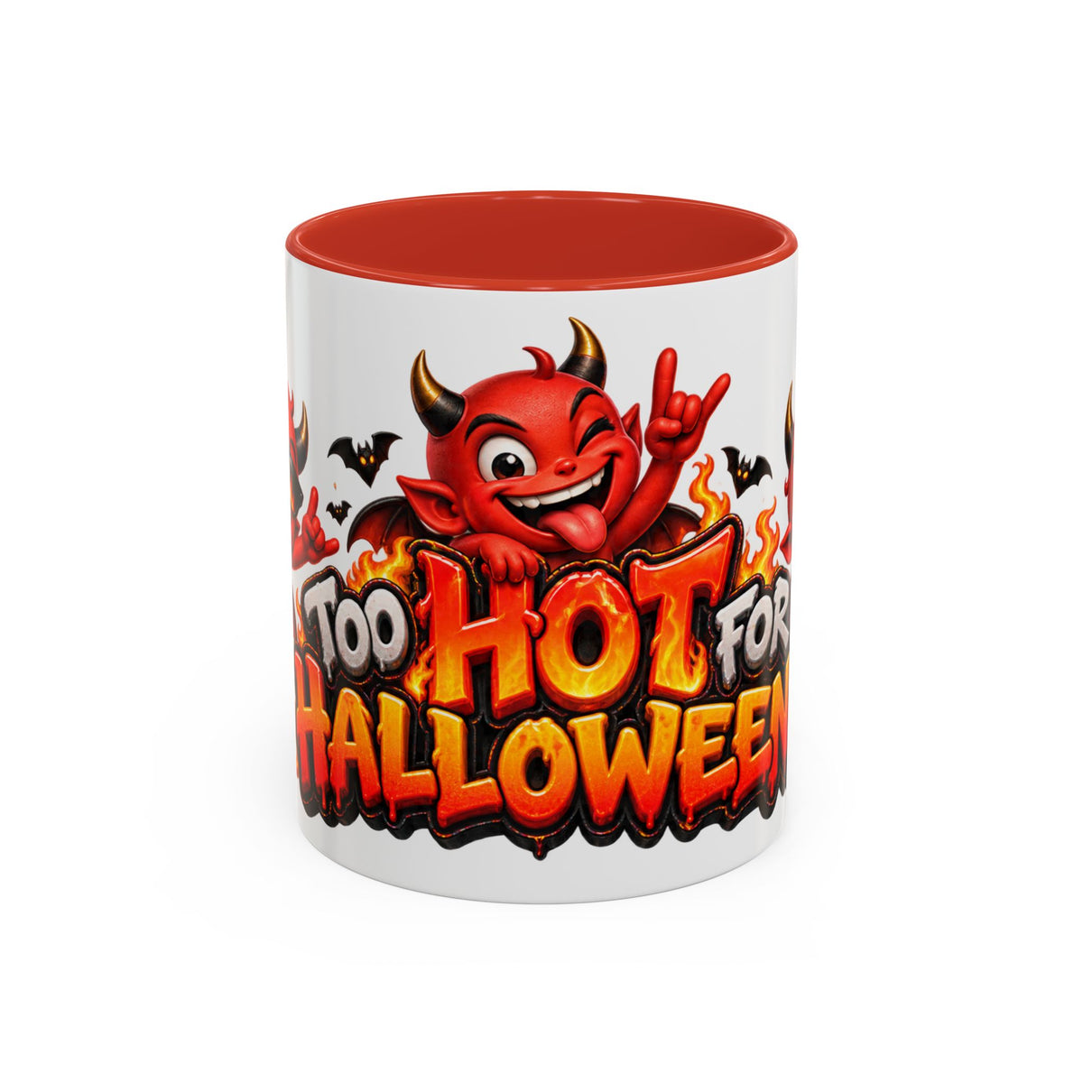 Too Hot for Halloween White Mug – Funny Devils, Flames & Spooky Design