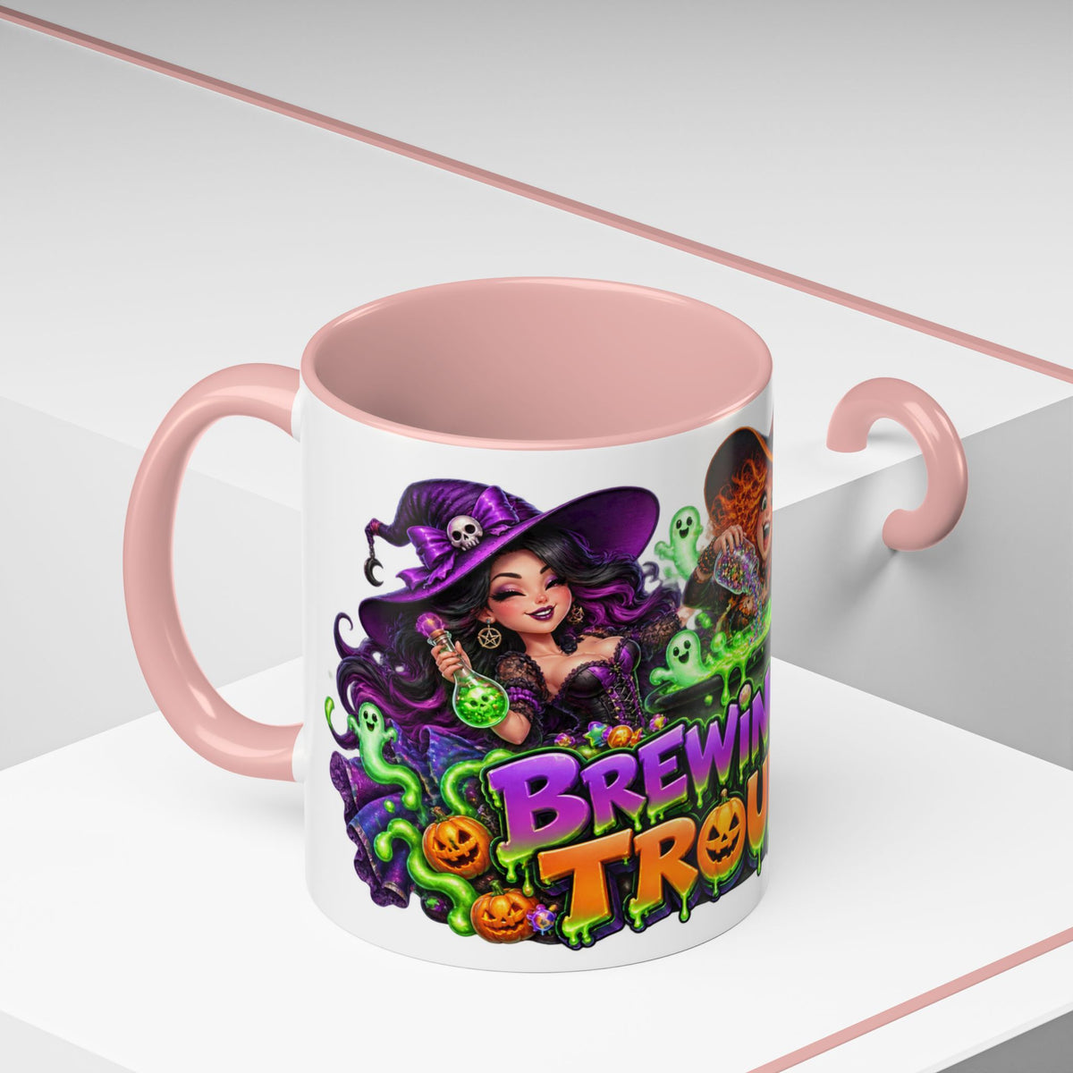 Brewing Up Trouble Witches Halloween White Mug