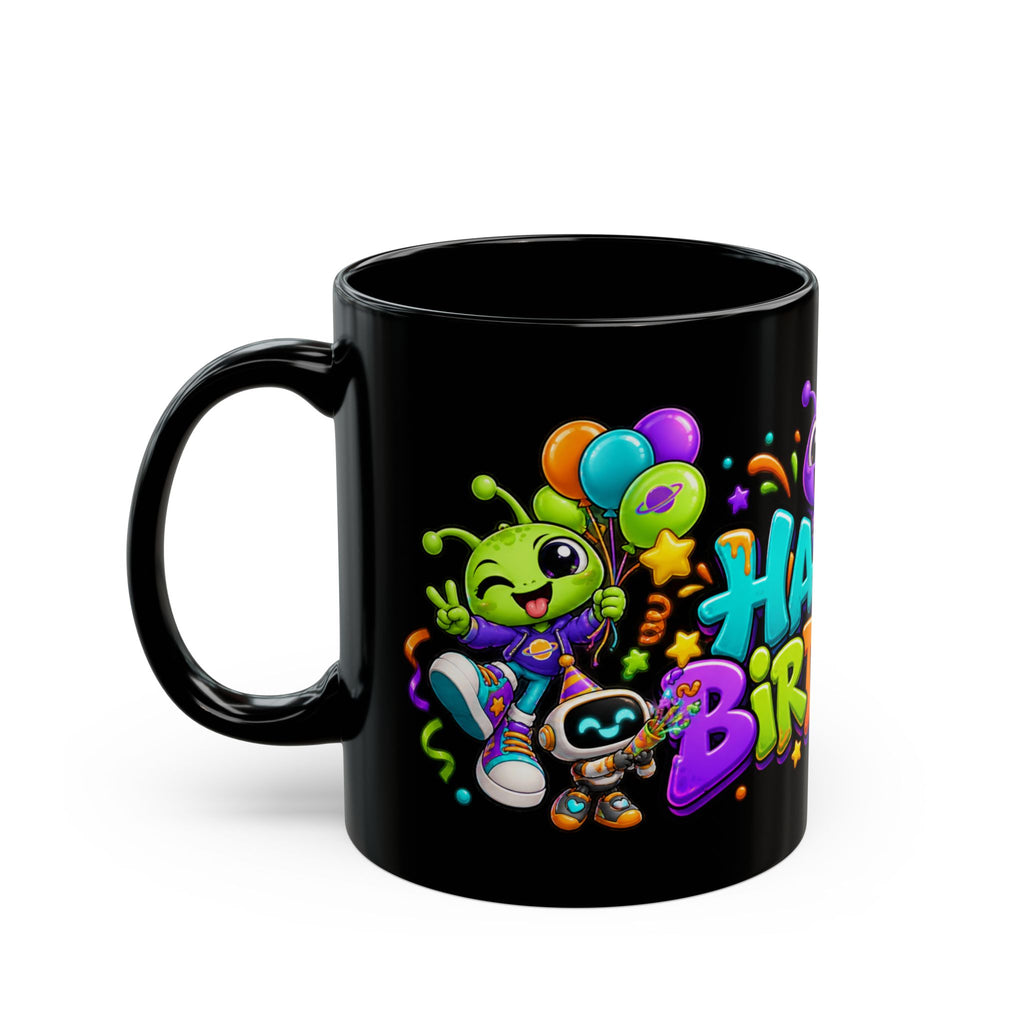 Happy Birthday Alien Mug – Colorful Space Party Mug with Cute Aliens & Robots