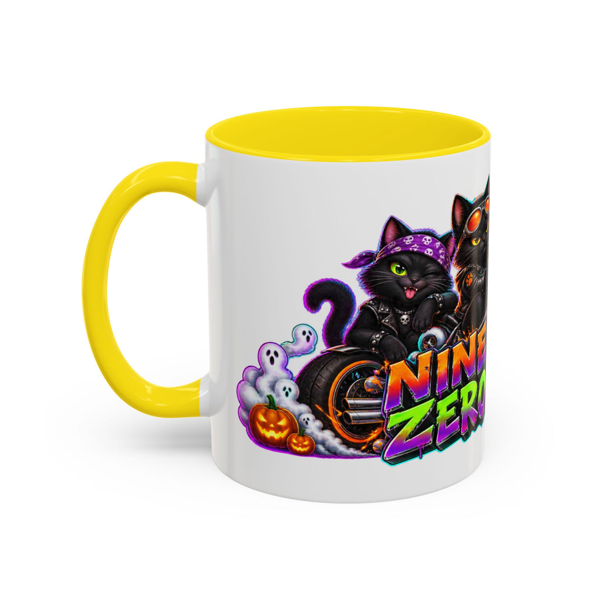 Nine Lives Zero Rules Biker Cats Halloween White Mug