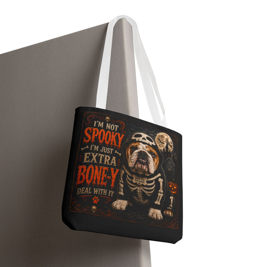 Halloween Bulldog Tote Bag – "I’m Not Spooky, I’m Just Extra Boney" All-Over Print