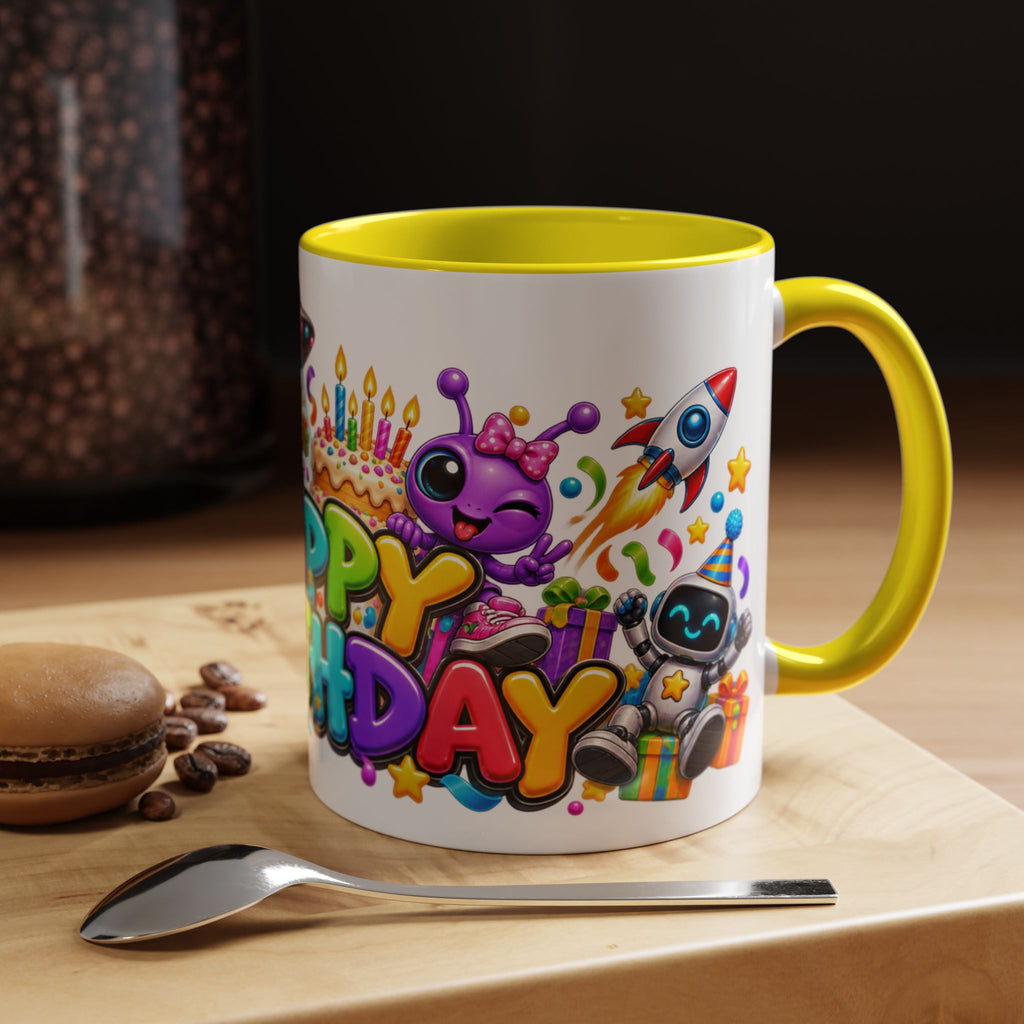 Happy Birthday Space Party Mug – Cute Aliens, Robots, UFO & Colorful 3D Birthday Design