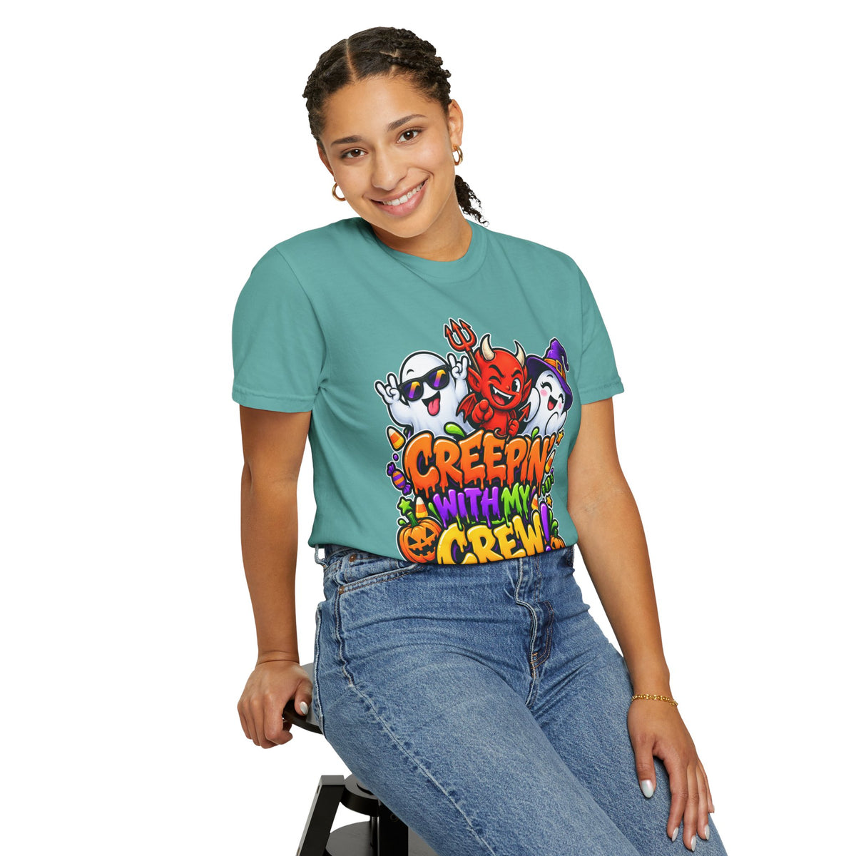 Creepin’ With My Crew Halloween T-Shirt – Colorful Funny Ghost & Devil Graphic Tee