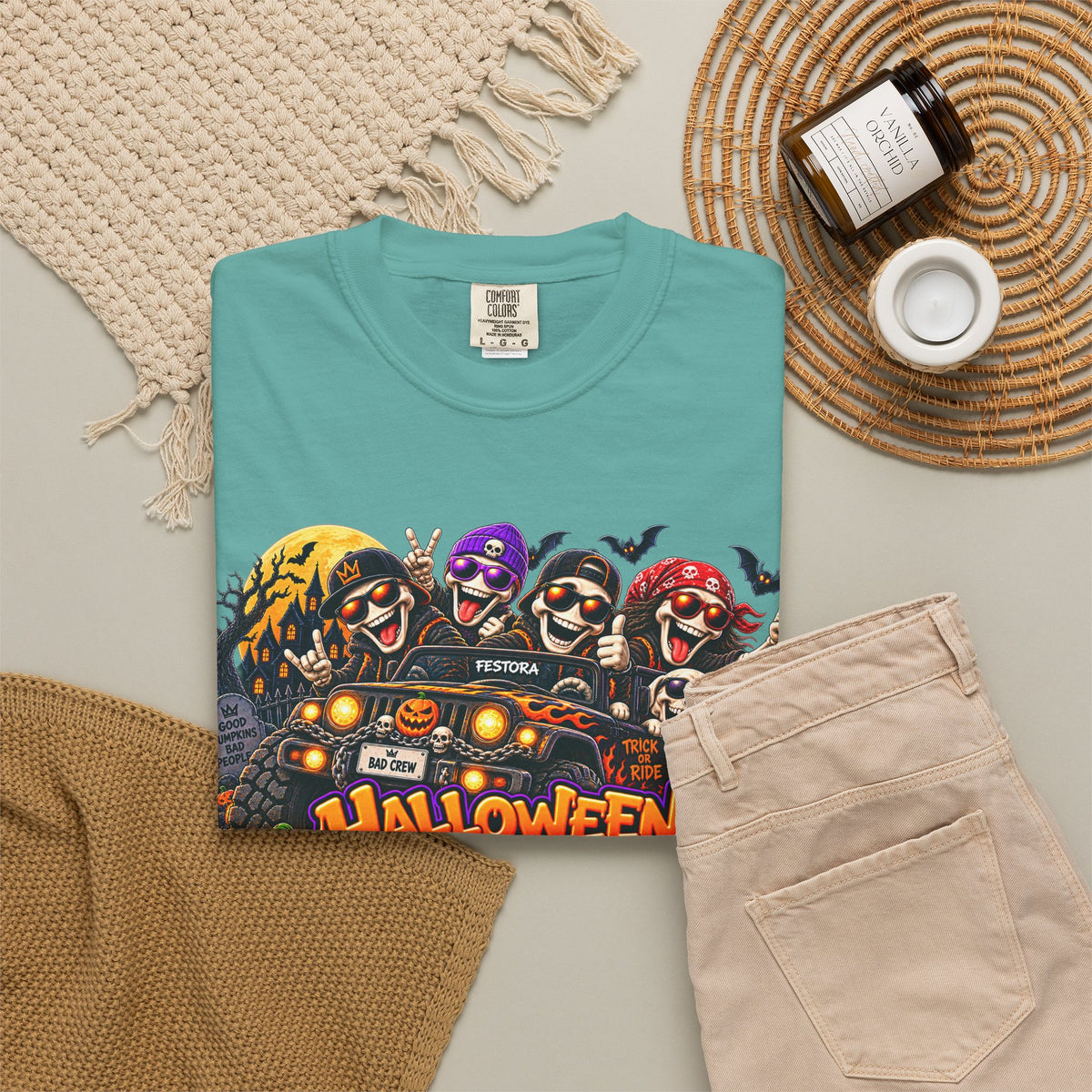 Halloween Crew T-Shirt – Skeleton Jeep Spooky Graphic Tee