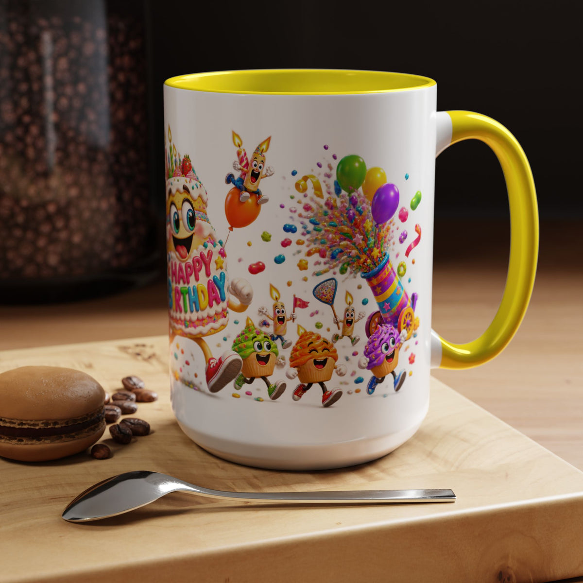 Birthday Party Coffee Mug – Colorful Happy Birthday Cake & Balloon Design (11/15oz Accent Mug)