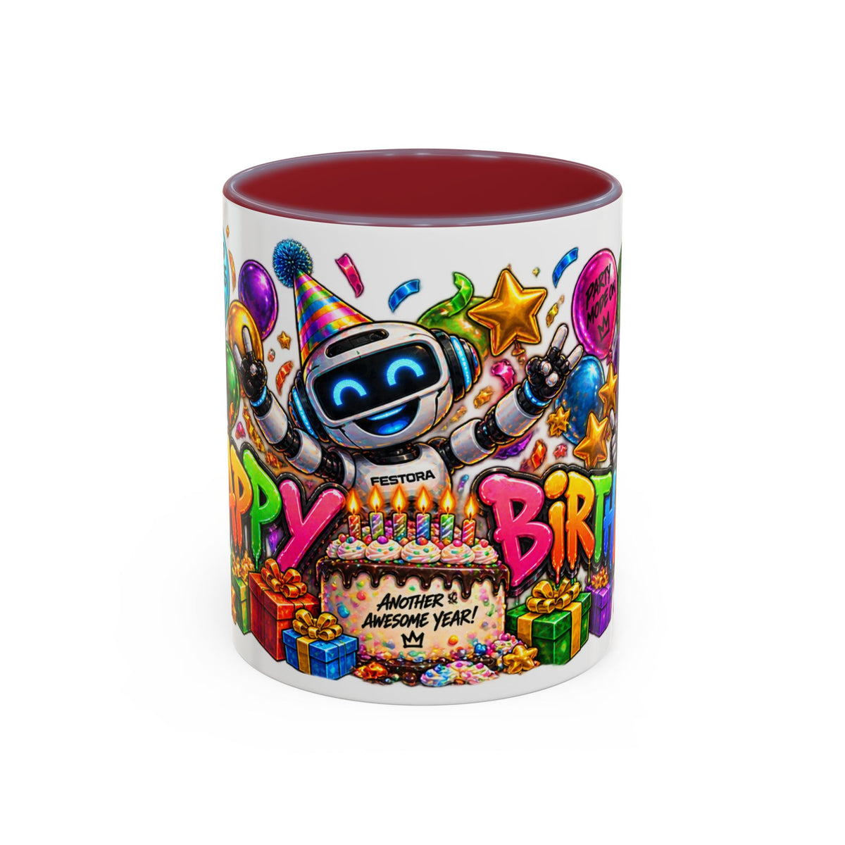 Birthday Robot Coffee Mug — Colorful Happy Birthday Accent Mug (11oz)