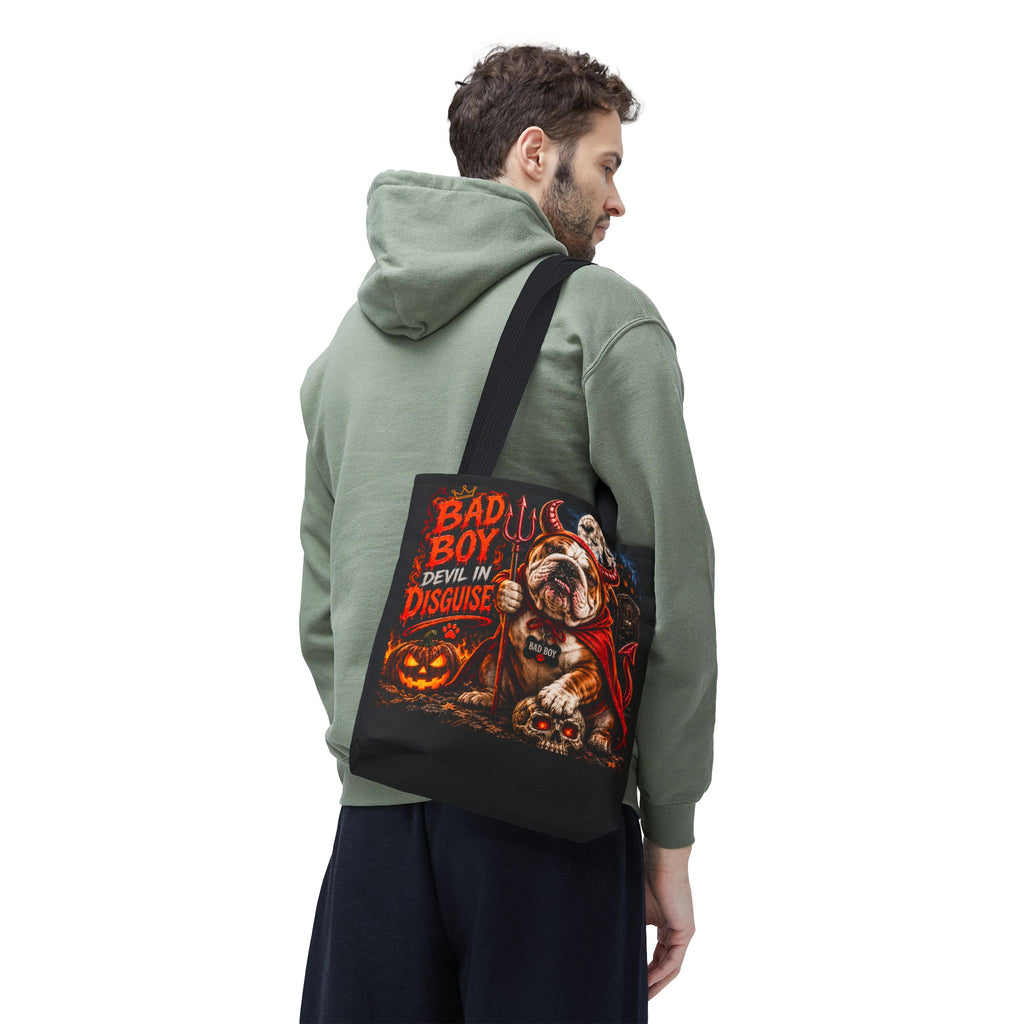 Halloween Bulldog Tote Bag – "Bad Boy Devil in Disguise" Gothic Pumpkin Skull Design