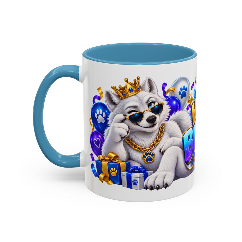 White Wolf Happy Birthday Mug – Blue Purple & Gold Birthday Gift – FestoraShop White Coffee Mug