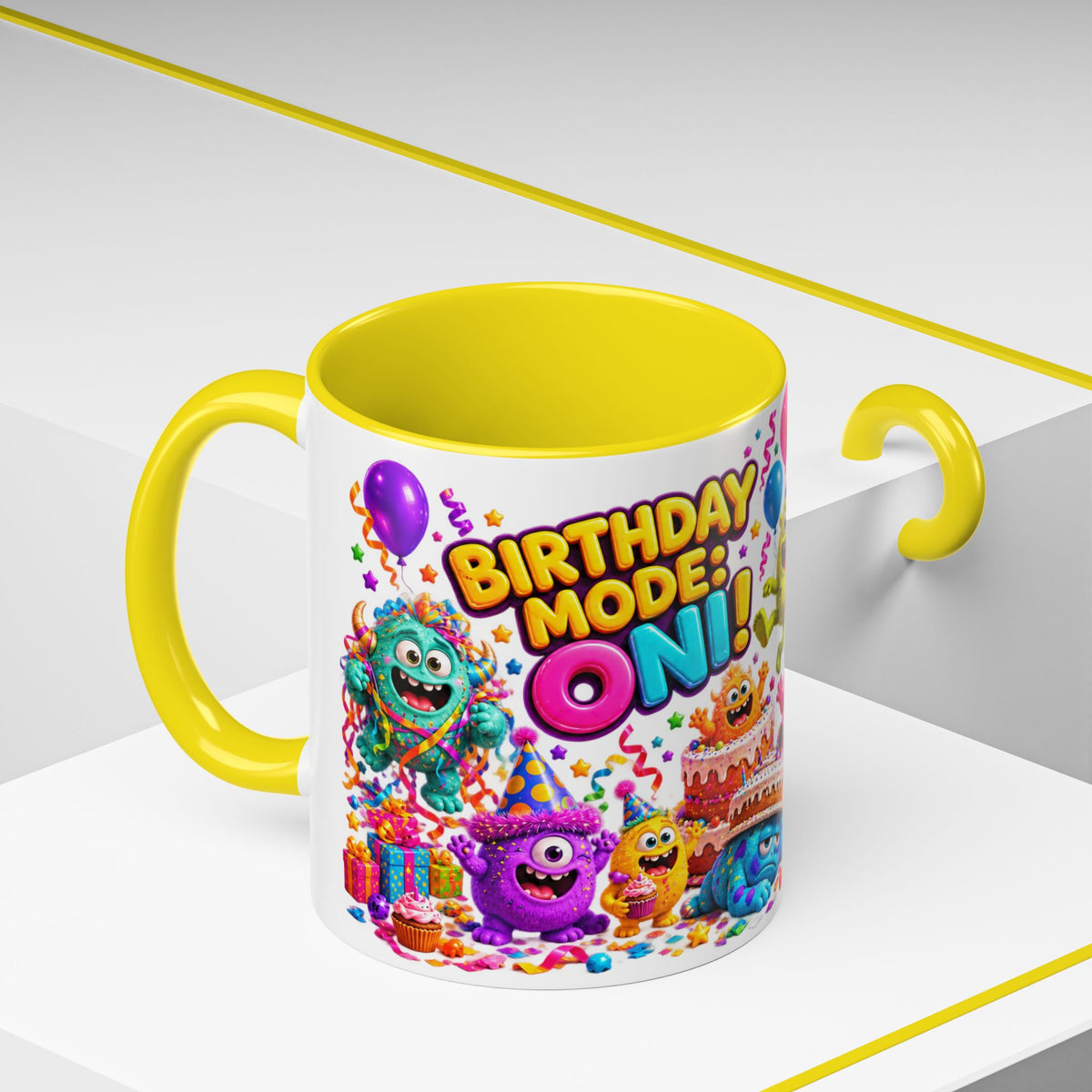 Birthday Mode On Monsters Coffee Mug — Colorful Party Coffee Cup (11/15oz)