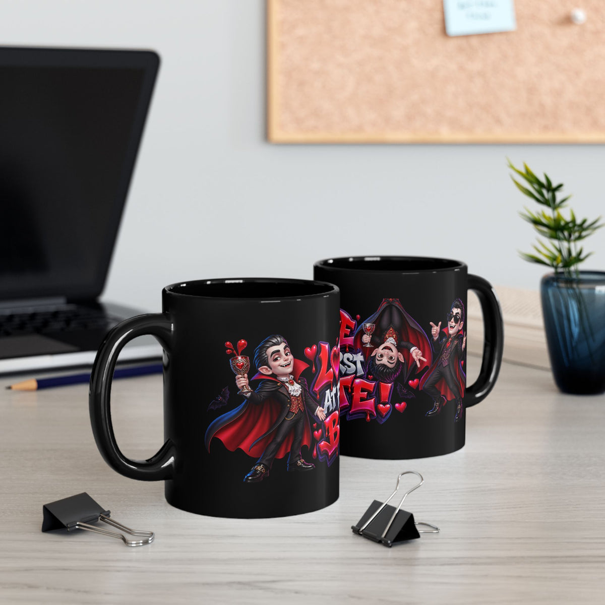 Love at First Bite Funny Vampire Halloween Black Mug