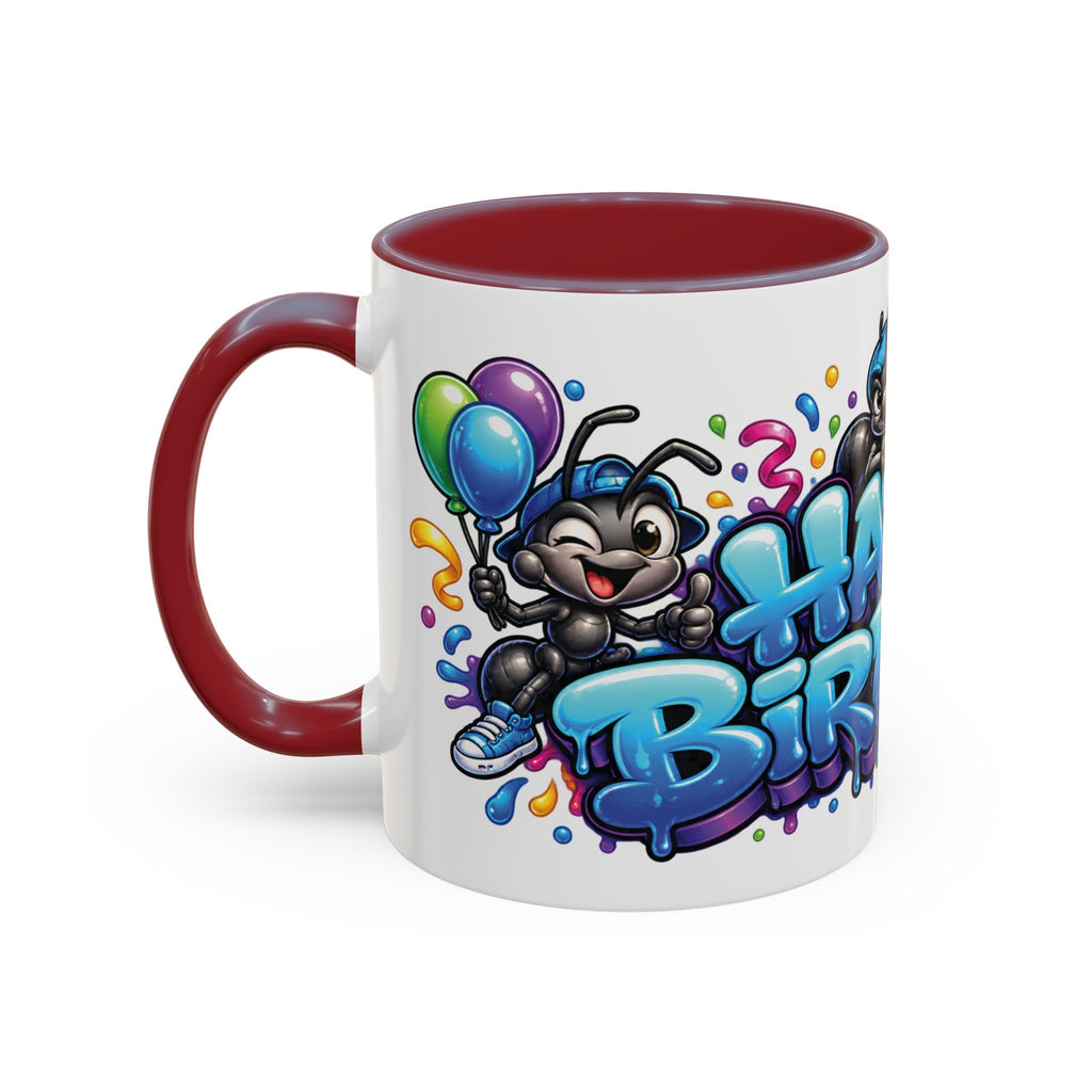 Happy Birthday Cartoon Mug – Graffiti Ants, Birthday Cake, Balloons & Confetti Coffee Cup
