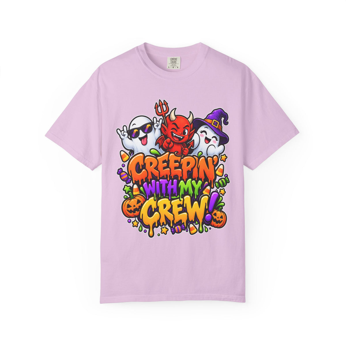 Creepin’ With My Crew Halloween T-Shirt – Colorful Funny Ghost & Devil Graphic Tee