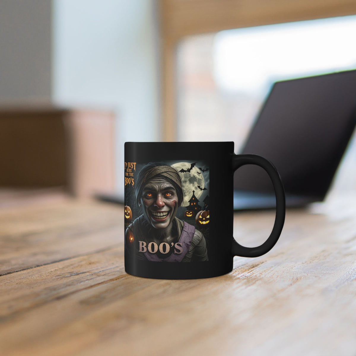 Halloween "I'm Just Here for the Boo's" Black Coffee Mug — Spooky Pumpkin & Mummy Design (11oz/15oz)