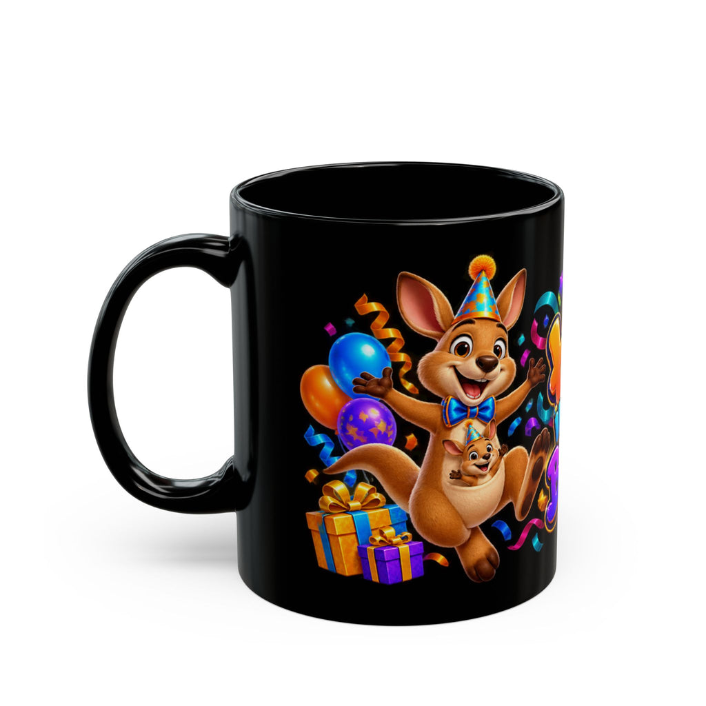 Hop Into Your Birthday Black Mug – Cute Kangaroo Birthday Cup, Colorful Party Gift